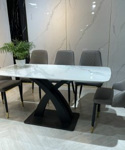 Bộ bàn ăn chân X cong đá Ceramic nhập khẩu 6 ghế BA21