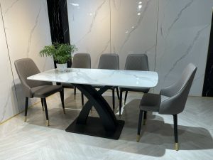 Bộ bàn ăn chân X cong đá Ceramic nhập khẩu 6 ghế BA21