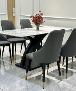 Bộ bàn ăn chân X cong đá Ceramic nhập khẩu 6 ghế BA21 mặt đá trắng bóng